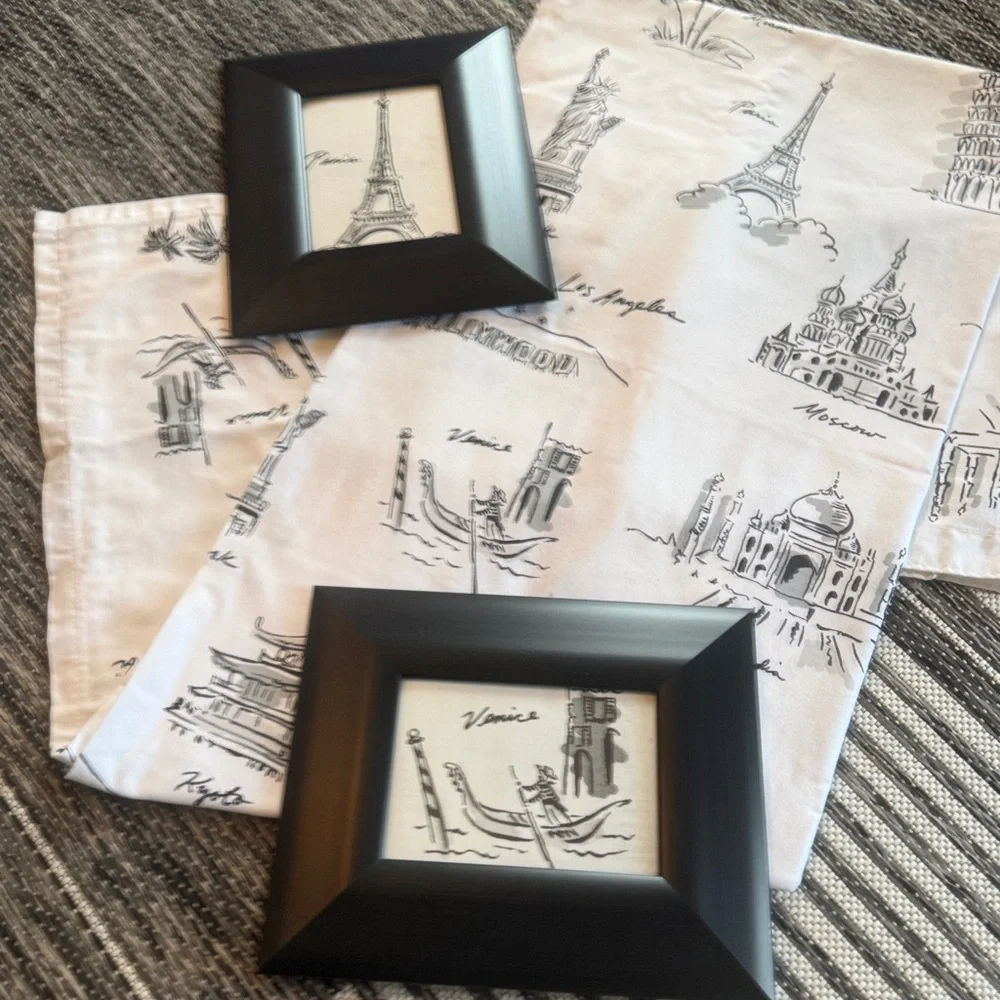 Black Framed Art and “Cities of the World” shower curtain.